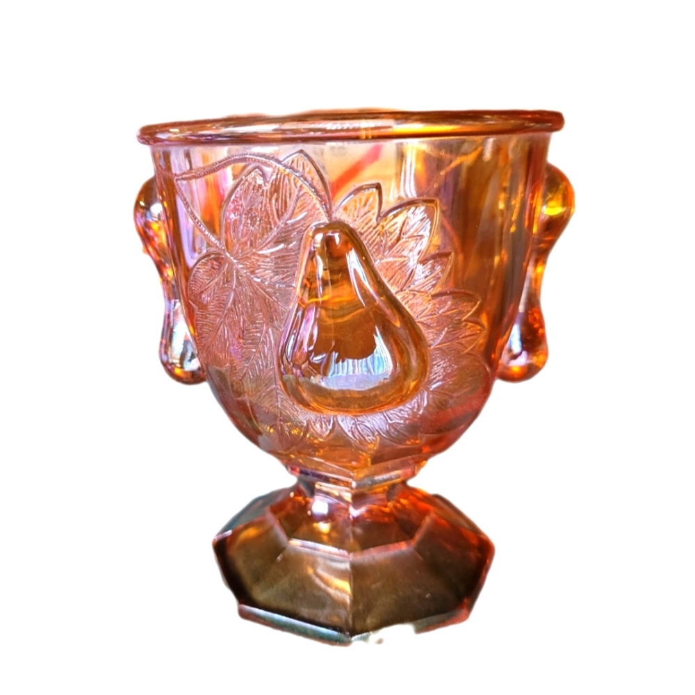 Vintage Iridescent Raised Fruit  GOBLET, PEARS Carnival Glass Northwood